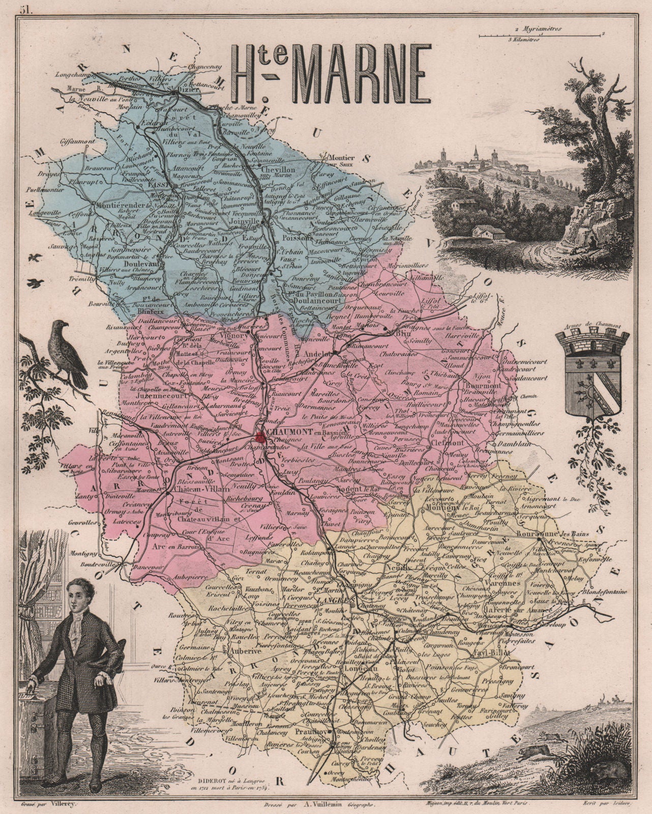 HAUTE-MARNE. Département. Chaumont. Diderot. VUILLEMIN 1879 old antique map